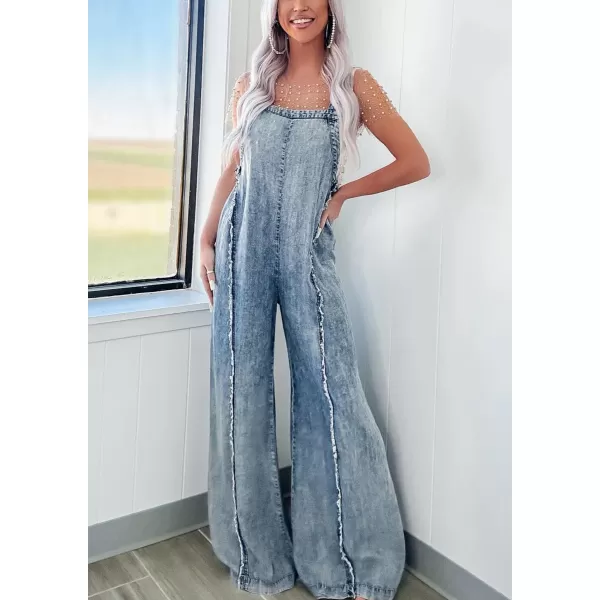 imagechouyatou Womens Casual Adjustable Strap Denim Jumpsuit Distressed Elastic Waist Overalls Jeans PantsAcidwash Blue