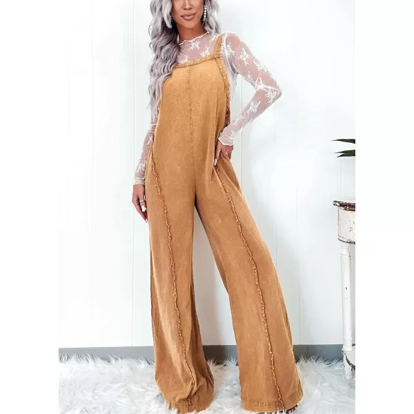 imagechouyatou Womens Casual Adjustable Strap Denim Jumpsuit Distressed Elastic Waist Overalls Jeans PantsEarth Yellow