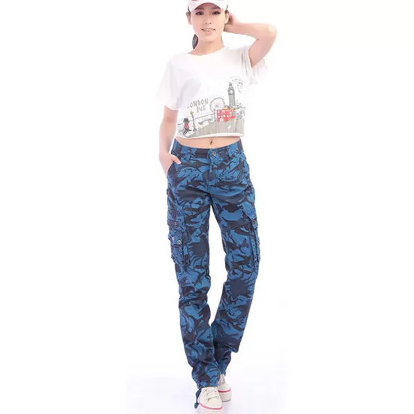 imagechouyatou Womens Casual Camouflage Multi Pockets Cargo PantsBlue