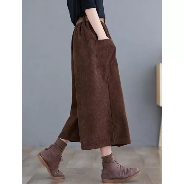 imagechouyatou Womens High Elastic Waisted Wide Leg Cropped Corduroy Capri Pants Culottes with BeltBrown