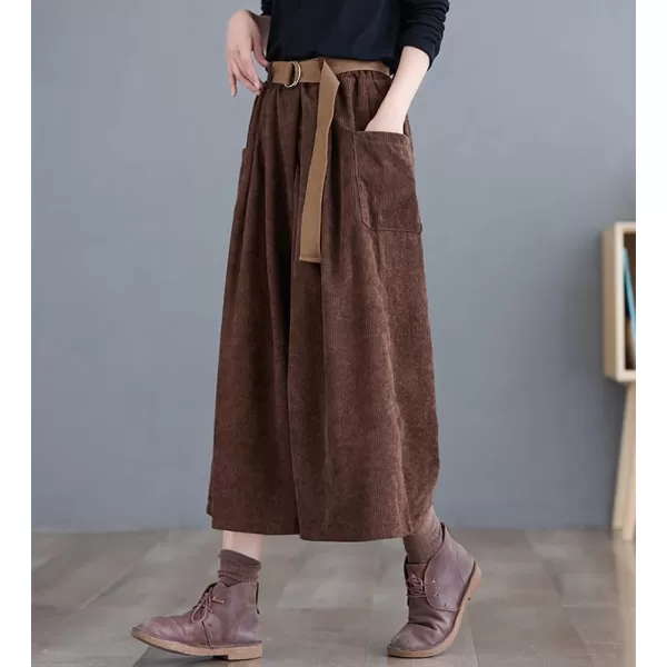 imagechouyatou Womens High Elastic Waisted Wide Leg Cropped Corduroy Capri Pants Culottes with BeltBrown