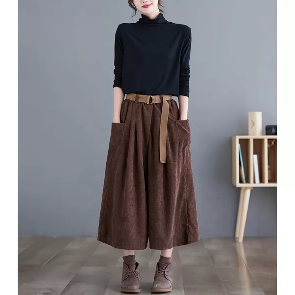 imagechouyatou Womens High Elastic Waisted Wide Leg Cropped Corduroy Capri Pants Culottes with BeltBrown