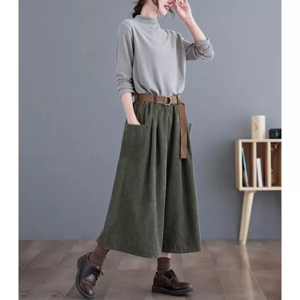 imagechouyatou Womens High Elastic Waisted Wide Leg Cropped Corduroy Capri Pants Culottes with BeltDark Green