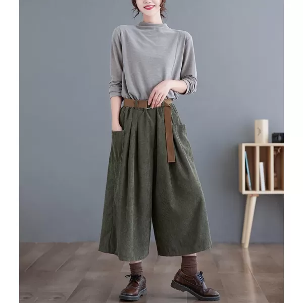 imagechouyatou Womens High Elastic Waisted Wide Leg Cropped Corduroy Capri Pants Culottes with BeltDark Green
