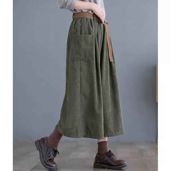 imagechouyatou Womens High Elastic Waisted Wide Leg Cropped Corduroy Capri Pants Culottes with BeltDark Green