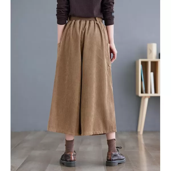 imagechouyatou Womens High Elastic Waisted Wide Leg Cropped Corduroy Capri Pants Culottes with BeltKhaki