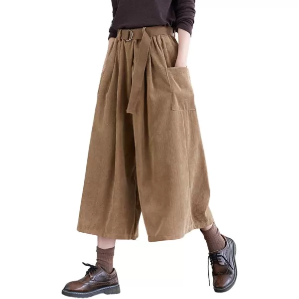 imagechouyatou Womens High Elastic Waisted Wide Leg Cropped Corduroy Capri Pants Culottes with BeltKhaki