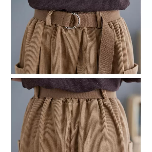 imagechouyatou Womens High Elastic Waisted Wide Leg Cropped Corduroy Capri Pants Culottes with BeltKhaki