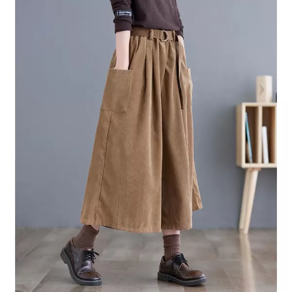 imagechouyatou Womens High Elastic Waisted Wide Leg Cropped Corduroy Capri Pants Culottes with BeltKhaki
