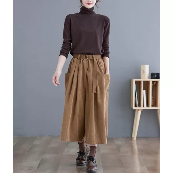 imagechouyatou Womens High Elastic Waisted Wide Leg Cropped Corduroy Capri Pants Culottes with BeltKhaki