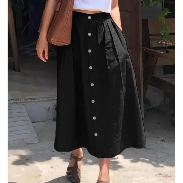 imagechouyatou Womens High Waisted Button Front Skirt ALine Pleated Cotton Midi Long Skirt with PocketsBlack