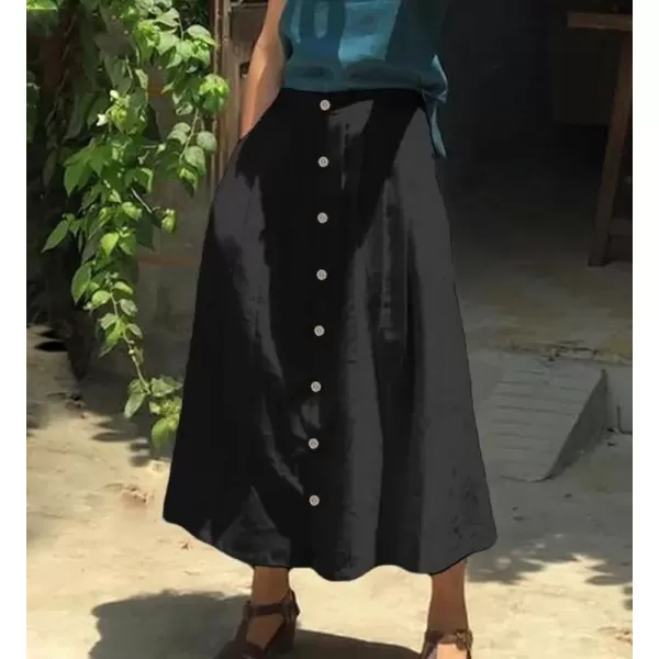 imagechouyatou Womens High Waisted Button Front Skirt ALine Pleated Cotton Midi Long Skirt with PocketsBlack