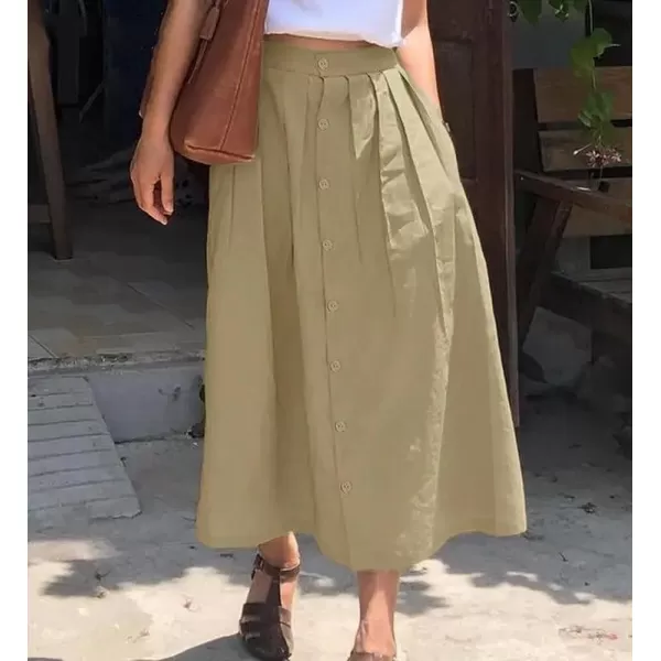 imagechouyatou Womens High Waisted Button Front Skirt ALine Pleated Cotton Midi Long Skirt with PocketsKhaki