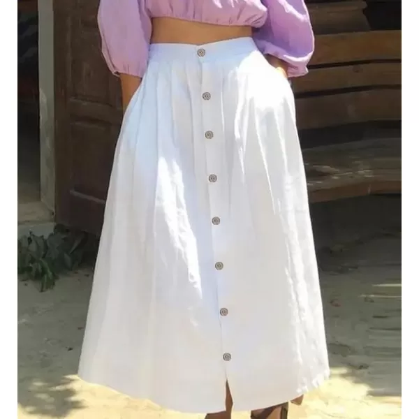 imagechouyatou Womens High Waisted Button Front Skirt ALine Pleated Cotton Midi Long Skirt with PocketsWhite