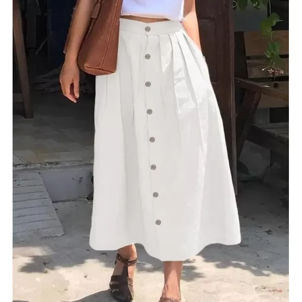 imagechouyatou Womens High Waisted Button Front Skirt ALine Pleated Cotton Midi Long Skirt with PocketsWhite