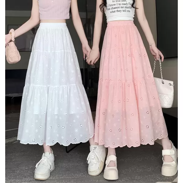 imagechouyatou Womens Lace Embroidery Eyelet Boho Skirt High Elastic Waisted Flowy Swing Midi Long SkirtPink