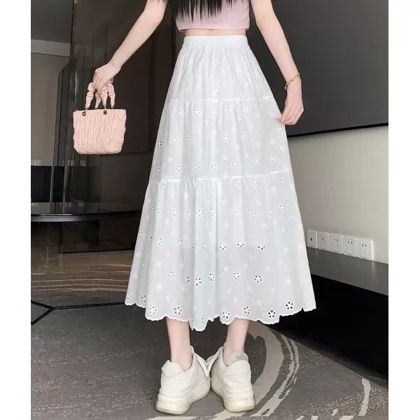 imagechouyatou Womens Lace Embroidery Eyelet Boho Skirt High Elastic Waisted Flowy Swing Midi Long SkirtWhite