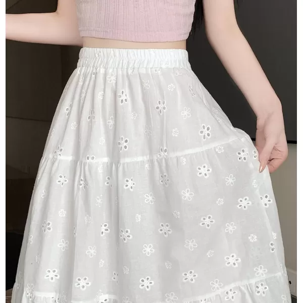 imagechouyatou Womens Lace Embroidery Eyelet Boho Skirt High Elastic Waisted Flowy Swing Midi Long SkirtWhite