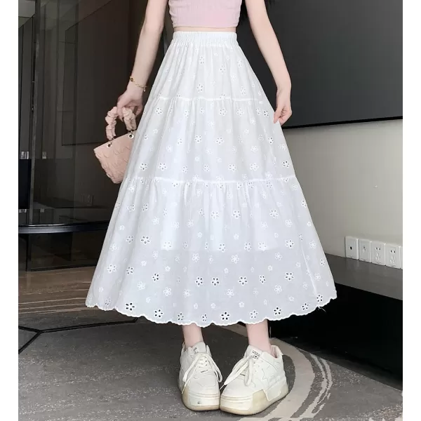 imagechouyatou Womens Lace Embroidery Eyelet Boho Skirt High Elastic Waisted Flowy Swing Midi Long SkirtWhite