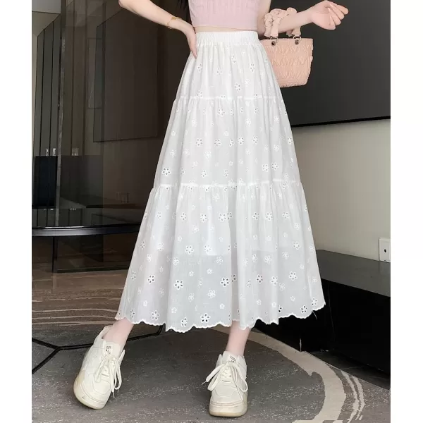 imagechouyatou Womens Lace Embroidery Eyelet Boho Skirt High Elastic Waisted Flowy Swing Midi Long SkirtWhite