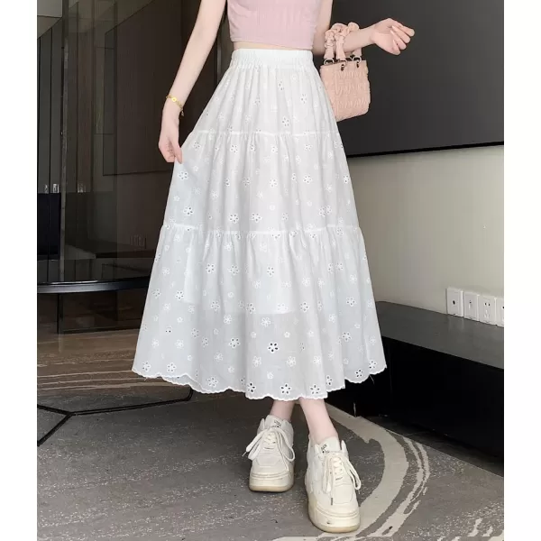imagechouyatou Womens Lace Embroidery Eyelet Boho Skirt High Elastic Waisted Flowy Swing Midi Long SkirtWhite