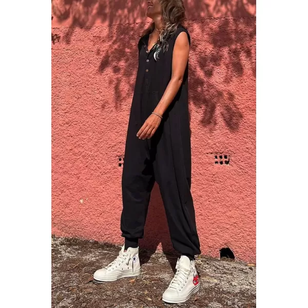imagechouyatou Womens Sleeveless Hooded Jumpsuit Button Up Drop Crotch Tapered Leg Hoodie Overall PantsBlack