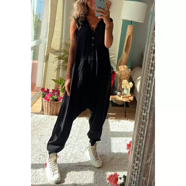 imagechouyatou Womens Sleeveless Hooded Jumpsuit Button Up Drop Crotch Tapered Leg Hoodie Overall PantsBlack