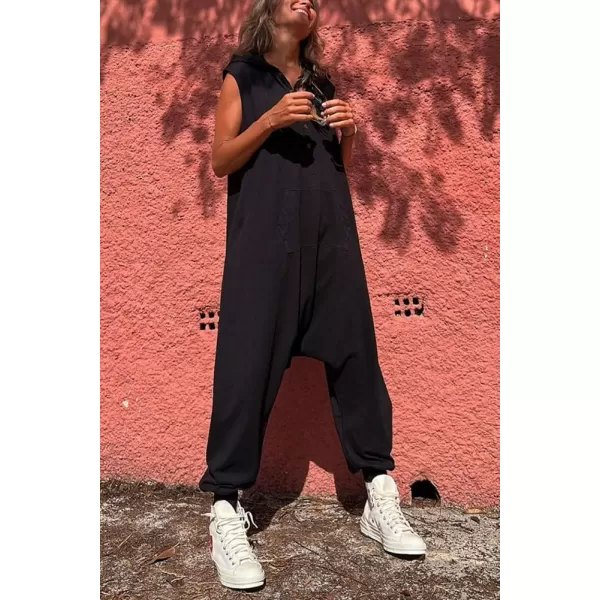 imagechouyatou Womens Sleeveless Hooded Jumpsuit Button Up Drop Crotch Tapered Leg Hoodie Overall PantsBlack