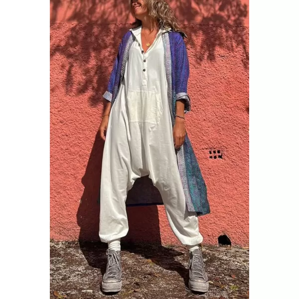 imagechouyatou Womens Sleeveless Hooded Jumpsuit Button Up Drop Crotch Tapered Leg Hoodie Overall PantsWhite