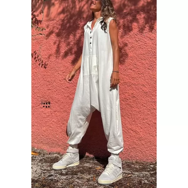 imagechouyatou Womens Sleeveless Hooded Jumpsuit Button Up Drop Crotch Tapered Leg Hoodie Overall PantsWhite