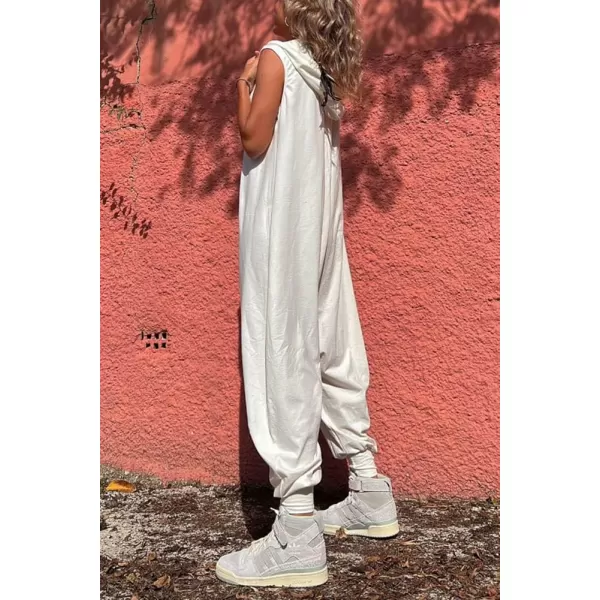 imagechouyatou Womens Sleeveless Hooded Jumpsuit Button Up Drop Crotch Tapered Leg Hoodie Overall PantsWhite