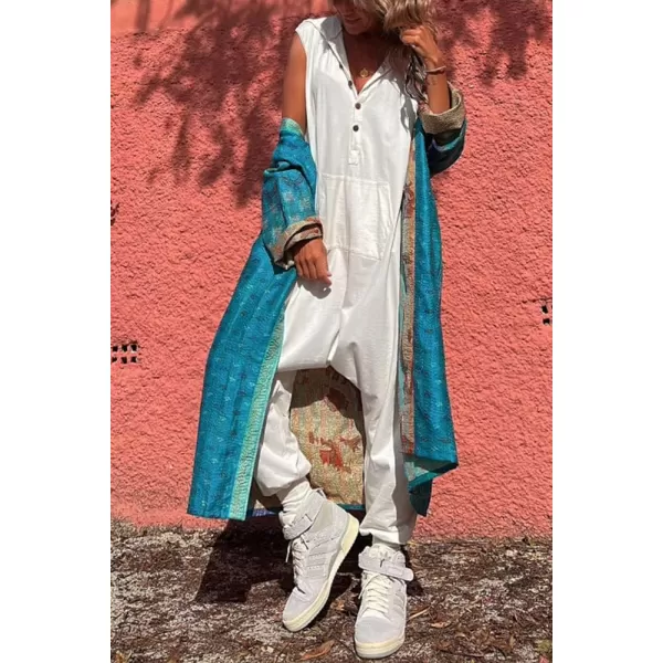 imagechouyatou Womens Sleeveless Hooded Jumpsuit Button Up Drop Crotch Tapered Leg Hoodie Overall PantsWhite