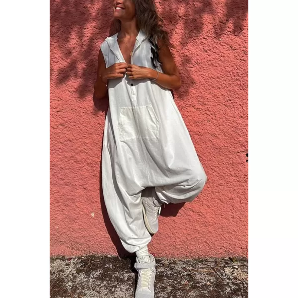 imagechouyatou Womens Sleeveless Hooded Jumpsuit Button Up Drop Crotch Tapered Leg Hoodie Overall PantsWhite