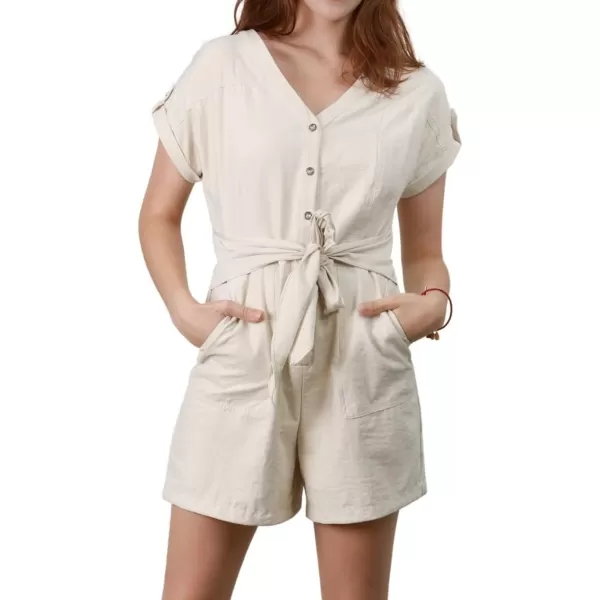 imagechouyatou Womens Summer Short Sleeve VNeck Button Front Loose Romper Casual Jumpsuits Shortalls PocketKhaki