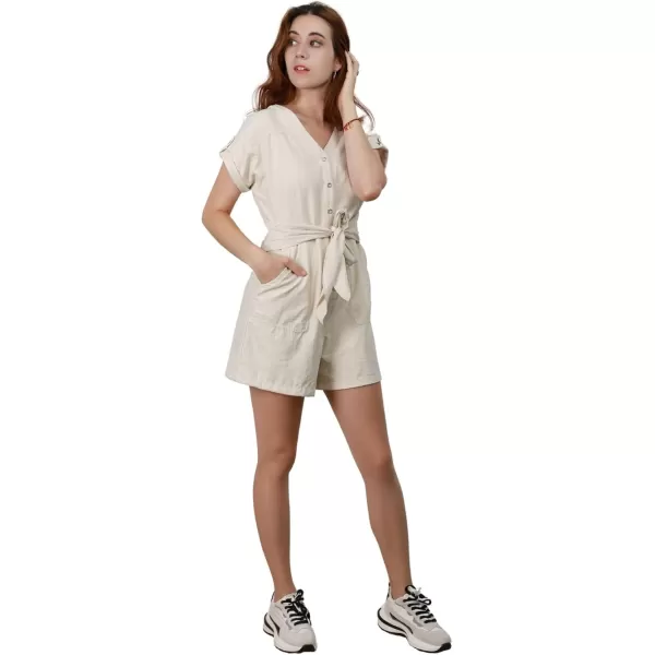 imagechouyatou Womens Summer Short Sleeve VNeck Button Front Loose Romper Casual Jumpsuits Shortalls PocketKhaki