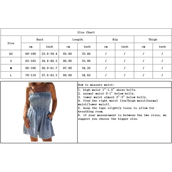 imagechouyatou Womens Summer Smocked Bust Ruffle Denim Romper Shorts Spaghetti Strap Sleeveless Jean JumpsuitsLight Blue