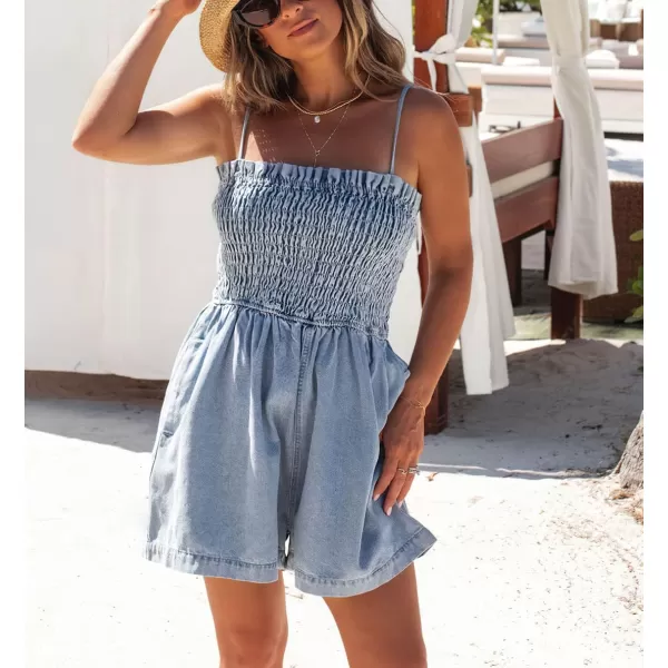 imagechouyatou Womens Summer Smocked Bust Ruffle Denim Romper Shorts Spaghetti Strap Sleeveless Jean JumpsuitsLight Blue