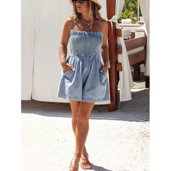 imagechouyatou Womens Summer Smocked Bust Ruffle Denim Romper Shorts Spaghetti Strap Sleeveless Jean JumpsuitsLight Blue