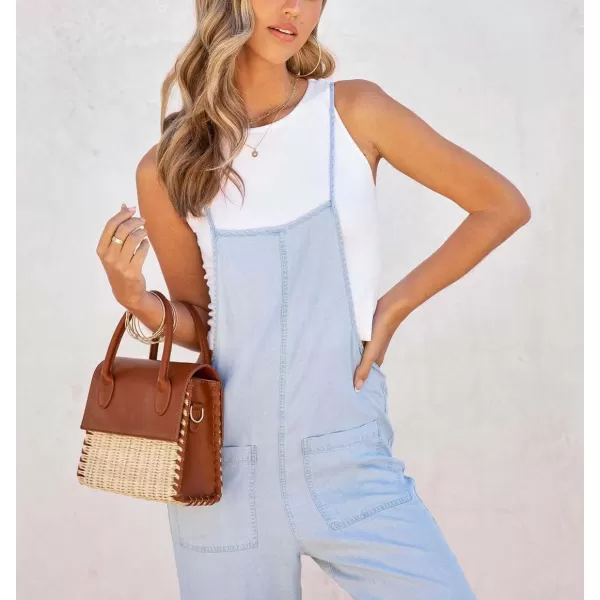 imagechouyatou Womens Summer Spaghetti Strap Demin Jumpsuits Casual Washed Pocketed Jean OverallsLight Blue
