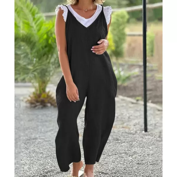imagechouyatou Womens Summer Spaghetti Strap Harem Jumpsuits Casual Loose Linen Overalls Rompers PantsBlack