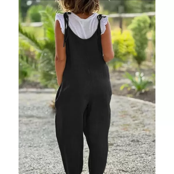 imagechouyatou Womens Summer Spaghetti Strap Harem Jumpsuits Casual Loose Linen Overalls Rompers PantsBlack