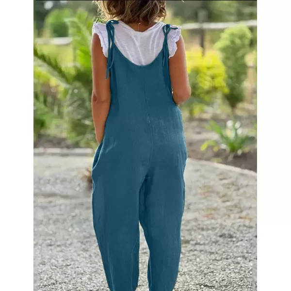 imagechouyatou Womens Summer Spaghetti Strap Harem Jumpsuits Casual Loose Linen Overalls Rompers PantsBlue