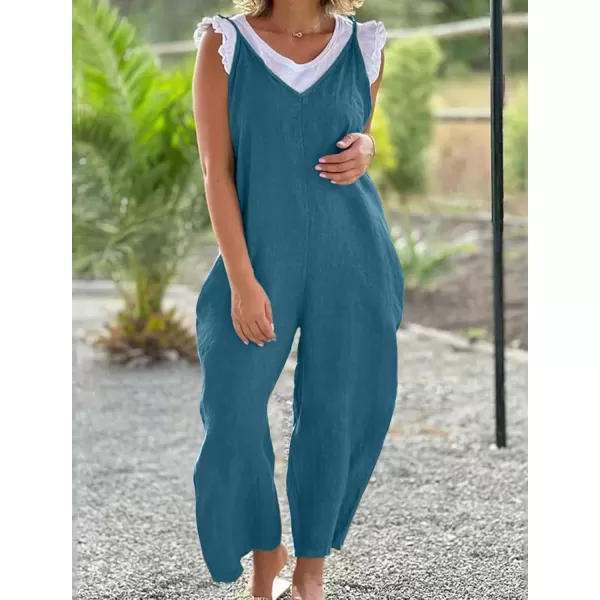 imagechouyatou Womens Summer Spaghetti Strap Harem Jumpsuits Casual Loose Linen Overalls Rompers PantsBlue