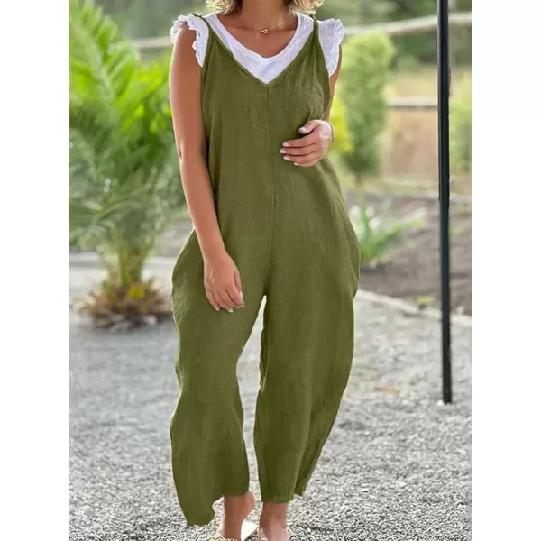 imagechouyatou Womens Summer Spaghetti Strap Harem Jumpsuits Casual Loose Linen Overalls Rompers PantsGreen