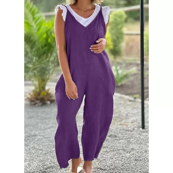 imagechouyatou Womens Summer Spaghetti Strap Harem Jumpsuits Casual Loose Linen Overalls Rompers PantsPurple