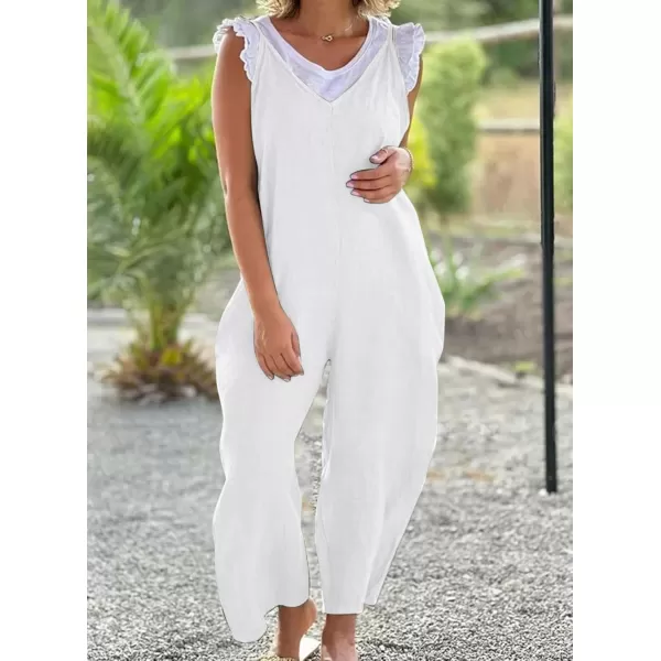 imagechouyatou Womens Summer Spaghetti Strap Harem Jumpsuits Casual Loose Linen Overalls Rompers PantsWhite