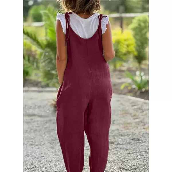 imagechouyatou Womens Summer Spaghetti Strap Harem Jumpsuits Casual Loose Linen Overalls Rompers PantsWine Red