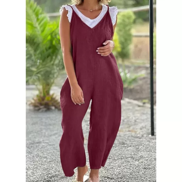 imagechouyatou Womens Summer Spaghetti Strap Harem Jumpsuits Casual Loose Linen Overalls Rompers PantsWine Red