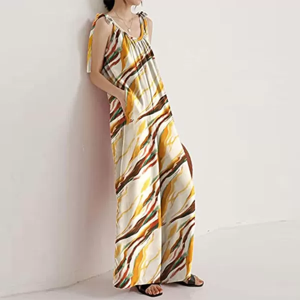 imagechouyatou Womens Tie Knot Strap Floral Print Wide Leg Baggy Jumpsuit Romper Overall Pants with PocketsApricot