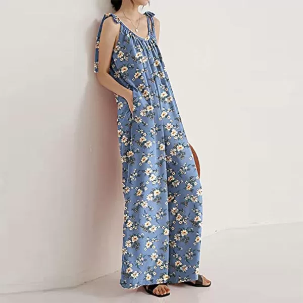 imagechouyatou Womens Tie Knot Strap Floral Print Wide Leg Baggy Jumpsuit Romper Overall Pants with PocketsBlue